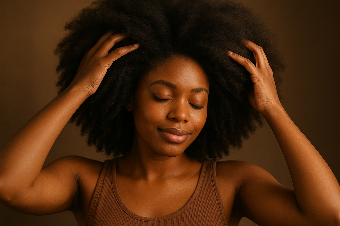 Femme noire avec qui coiffe ses longs cheveux afro et volumineux 